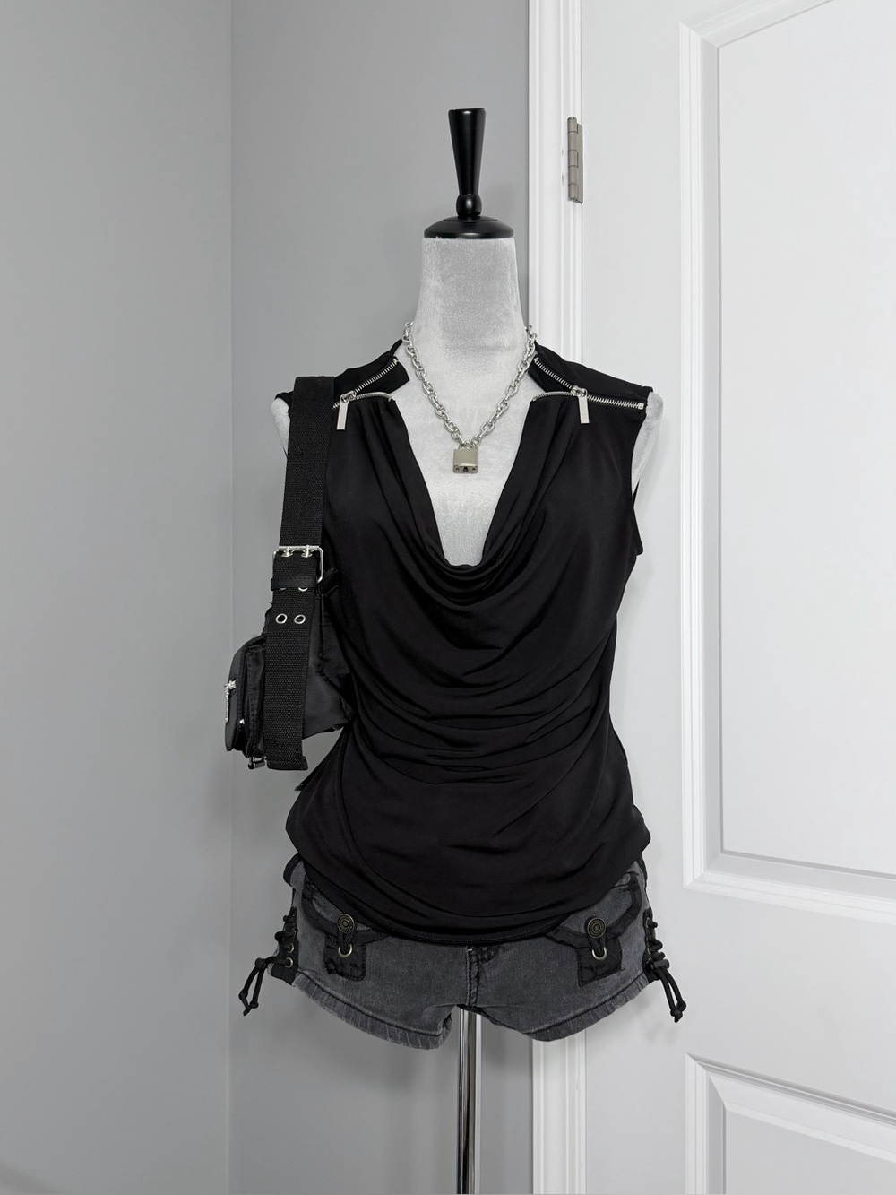 Carmen Marc Valvo Black Draped Cowl Tank with Shoulder Zippers